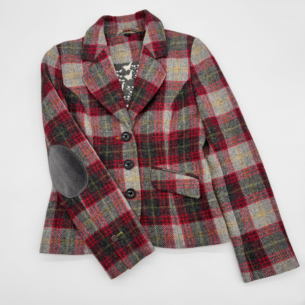 Boden Red & Gray Plaid Wool Blend Blazer with Elbow Patches